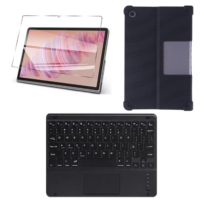 ESTUCHE DE GOMA NEGRO VIDRIO TEMPLADO Y TECLADO 2 EN 1 PARA LENOVO TAB PLUS