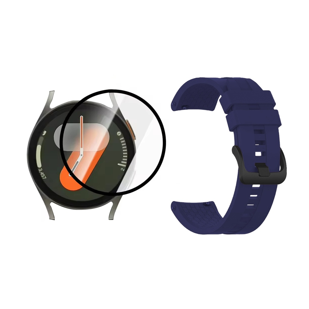 COMBO PULSO DE SILICONA BROCHE DE METAL NEGRO + VIDRIO TEMPLADO NANOGLASS PARA SAMSUNG GALAXY WATCH7 44MM